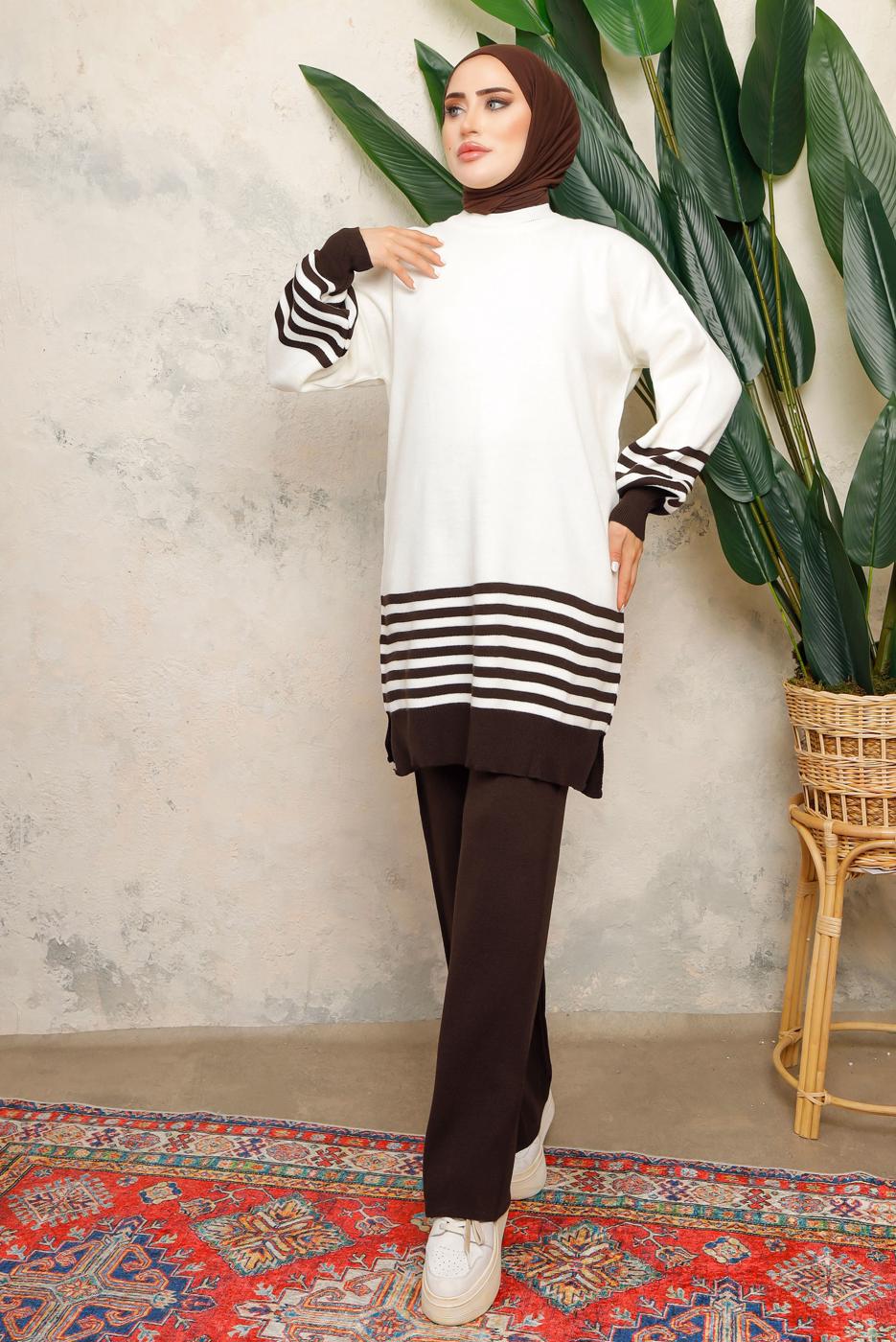 Tesettür giyim KAHVE ÇİZGİLİ BELİ LASTİKLİ PANTOLONLU TRİKO TAKIM T 6308