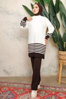 Tesettür giyim KAHVE ÇİZGİLİ BELİ LASTİKLİ PANTOLONLU TRİKO TAKIM T 6308