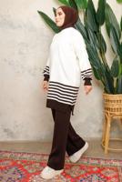 Tesettür giyim KAHVE ÇİZGİLİ BELİ LASTİKLİ PANTOLONLU TRİKO TAKIM T 6308
