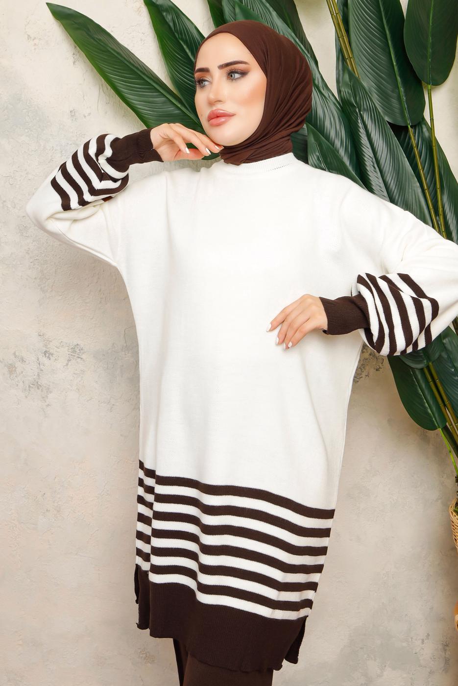 Tesettür giyim KAHVE ÇİZGİLİ BELİ LASTİKLİ PANTOLONLU TRİKO TAKIM T 6308