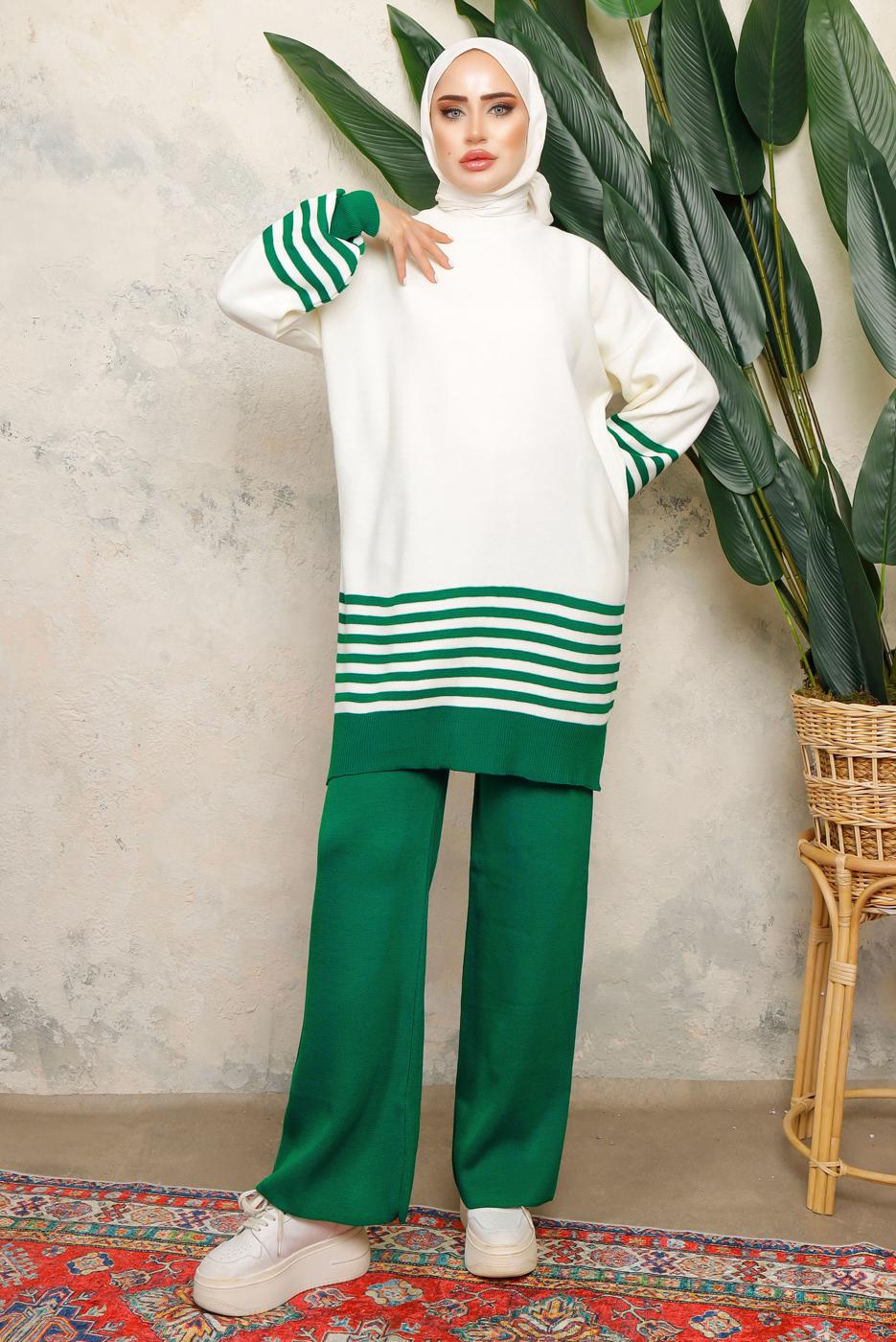 Tesettür giyim YEŞİL ÇİZGİLİ BELİ LASTİKLİ PANTOLONLU TRİKO TAKIM T 6308