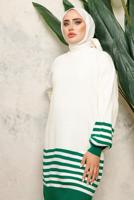 Tesettür giyim YEŞİL ÇİZGİLİ BELİ LASTİKLİ PANTOLONLU TRİKO TAKIM T 6308