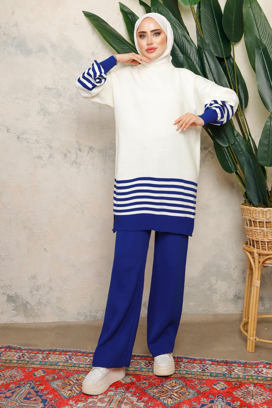 Tesettür giyim LACİVERT ÇİZGİLİ BELİ LASTİKLİ PANTOLONLU TRİKO TAKIM T 6308