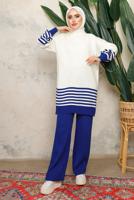Tesettür giyim LACİVERT ÇİZGİLİ BELİ LASTİKLİ PANTOLONLU TRİKO TAKIM T 6308