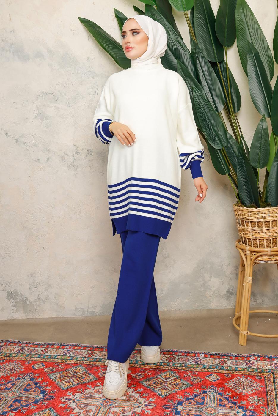 Tesettür giyim LACİVERT ÇİZGİLİ BELİ LASTİKLİ PANTOLONLU TRİKO TAKIM T 6308