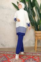 Tesettür giyim LACİVERT ÇİZGİLİ BELİ LASTİKLİ PANTOLONLU TRİKO TAKIM T 6308