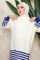 Tesettür giyim LACİVERT ÇİZGİLİ BELİ LASTİKLİ PANTOLONLU TRİKO TAKIM T 6308