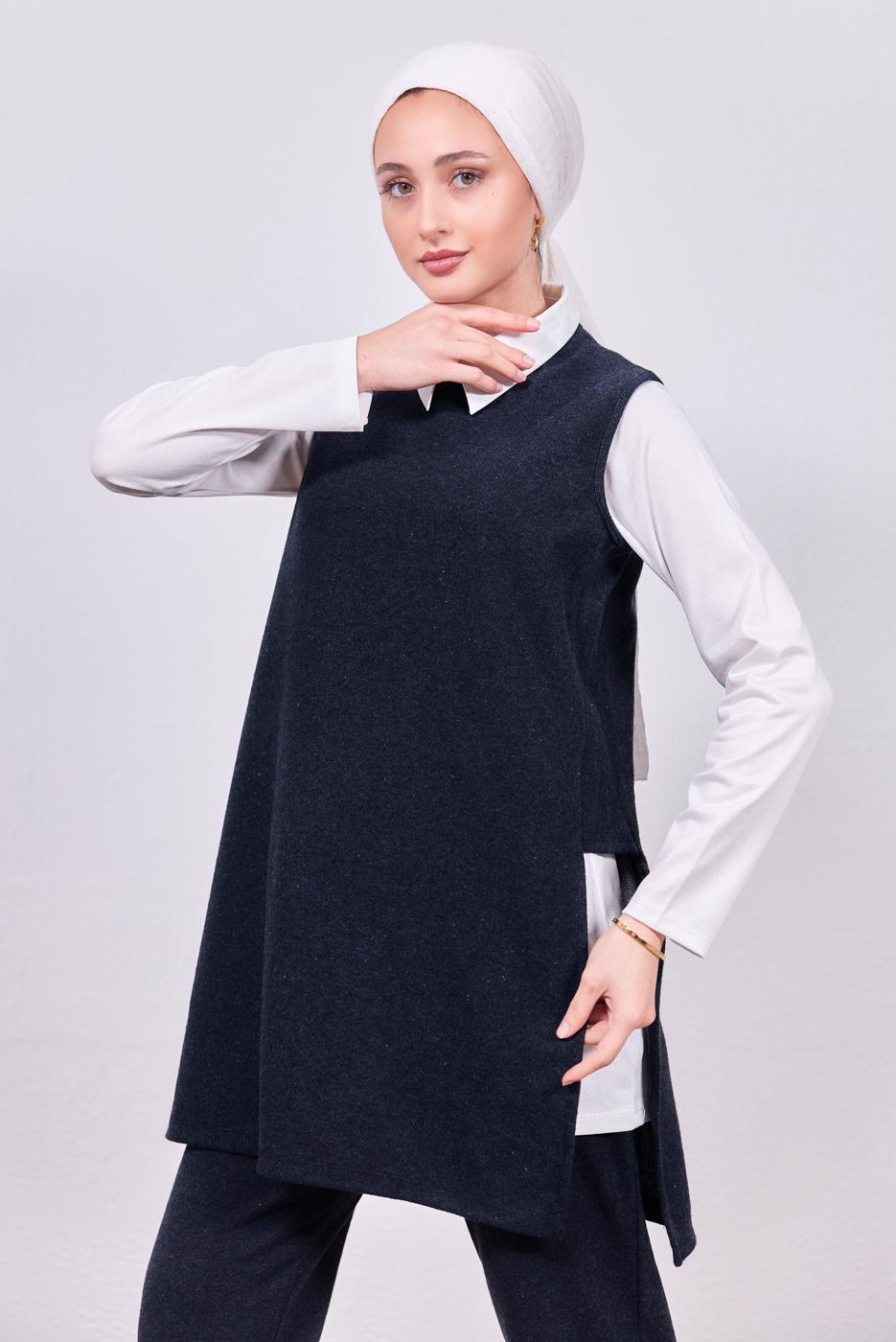 Tesettür giyim LACİVERT GÖMLEK YAKA PANTOLONLU TAKIM T 6353