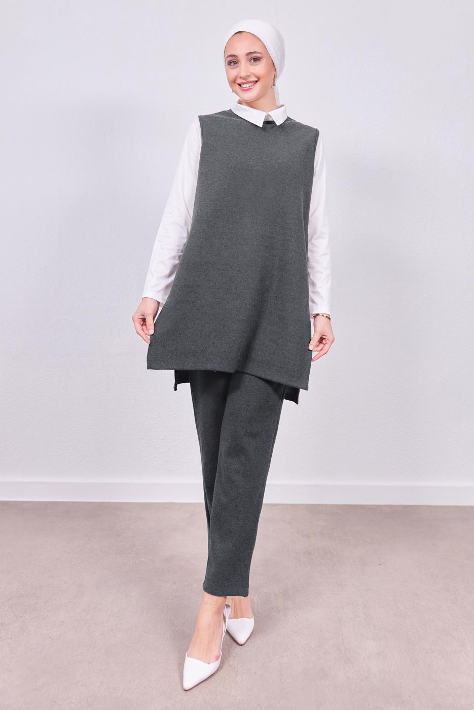 Tesettür giyim GRİ GÖMLEK YAKA PANTOLONLU TAKIM T 6353