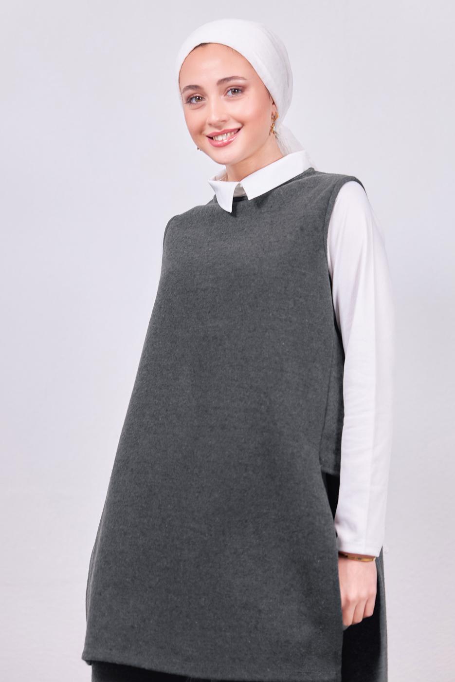 Tesettür giyim GRİ GÖMLEK YAKA PANTOLONLU TAKIM T 6353