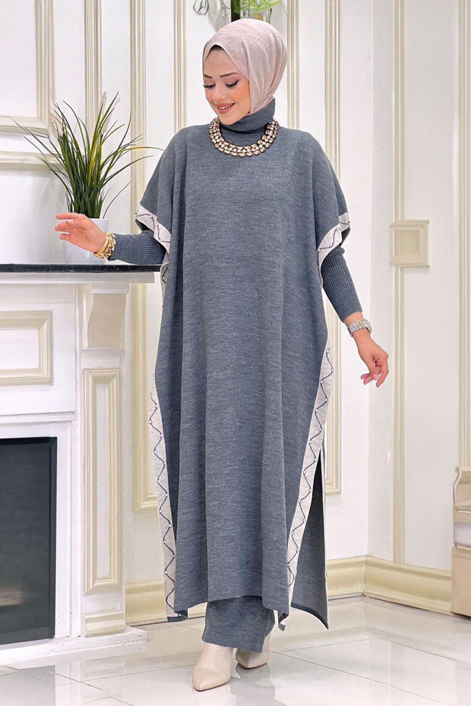 Tesettür giyim GRİ PANTOLONLU ÜÇLÜ TAKIM T 64421