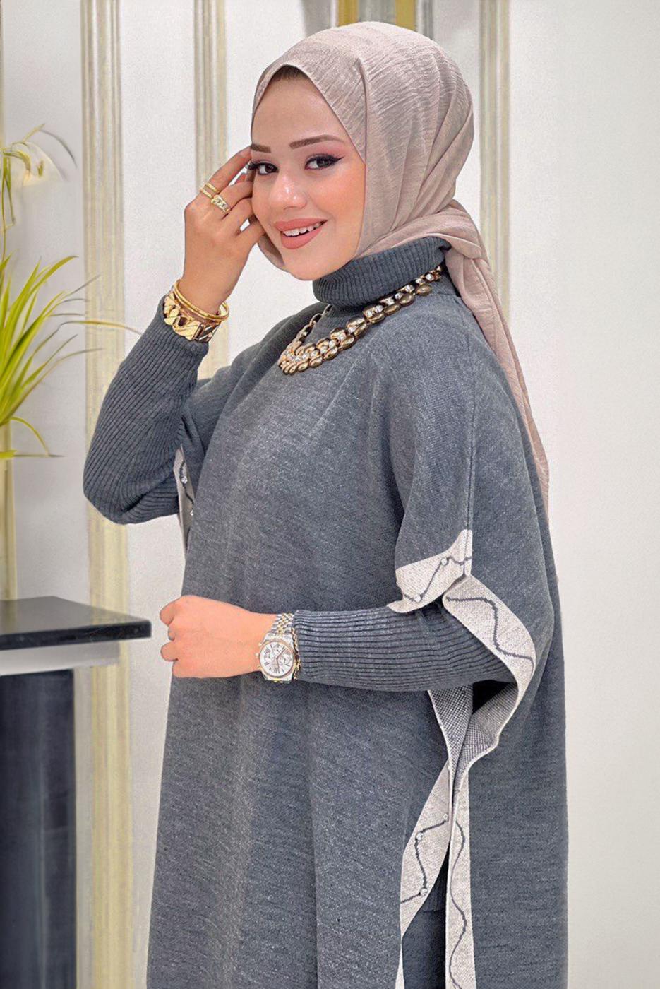 Tesettür giyim GRİ PANTOLONLU ÜÇLÜ TAKIM T 64421