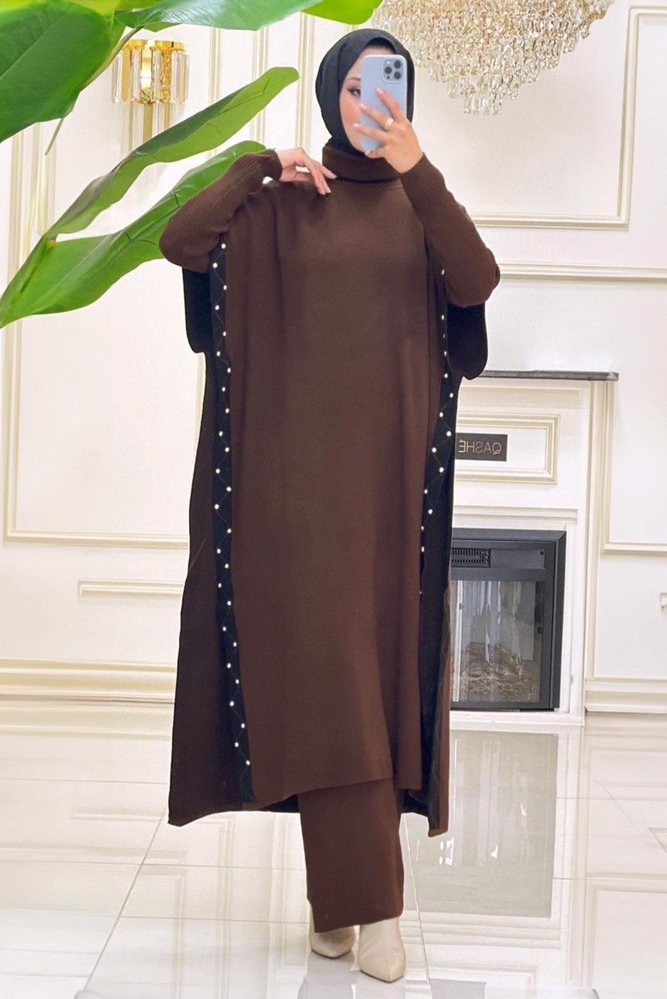 Tesettür giyim KAHVE PANTOLONLU ÜÇLÜ TAKIM T 64421