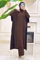 Tesettür giyim KAHVE PANTOLONLU ÜÇLÜ TAKIM T 64421
