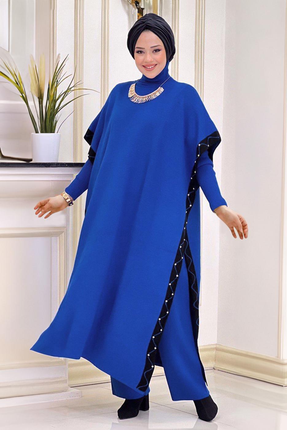 Tesettür giyim LACİVERT PANTOLONLU ÜÇLÜ TAKIM T 64421