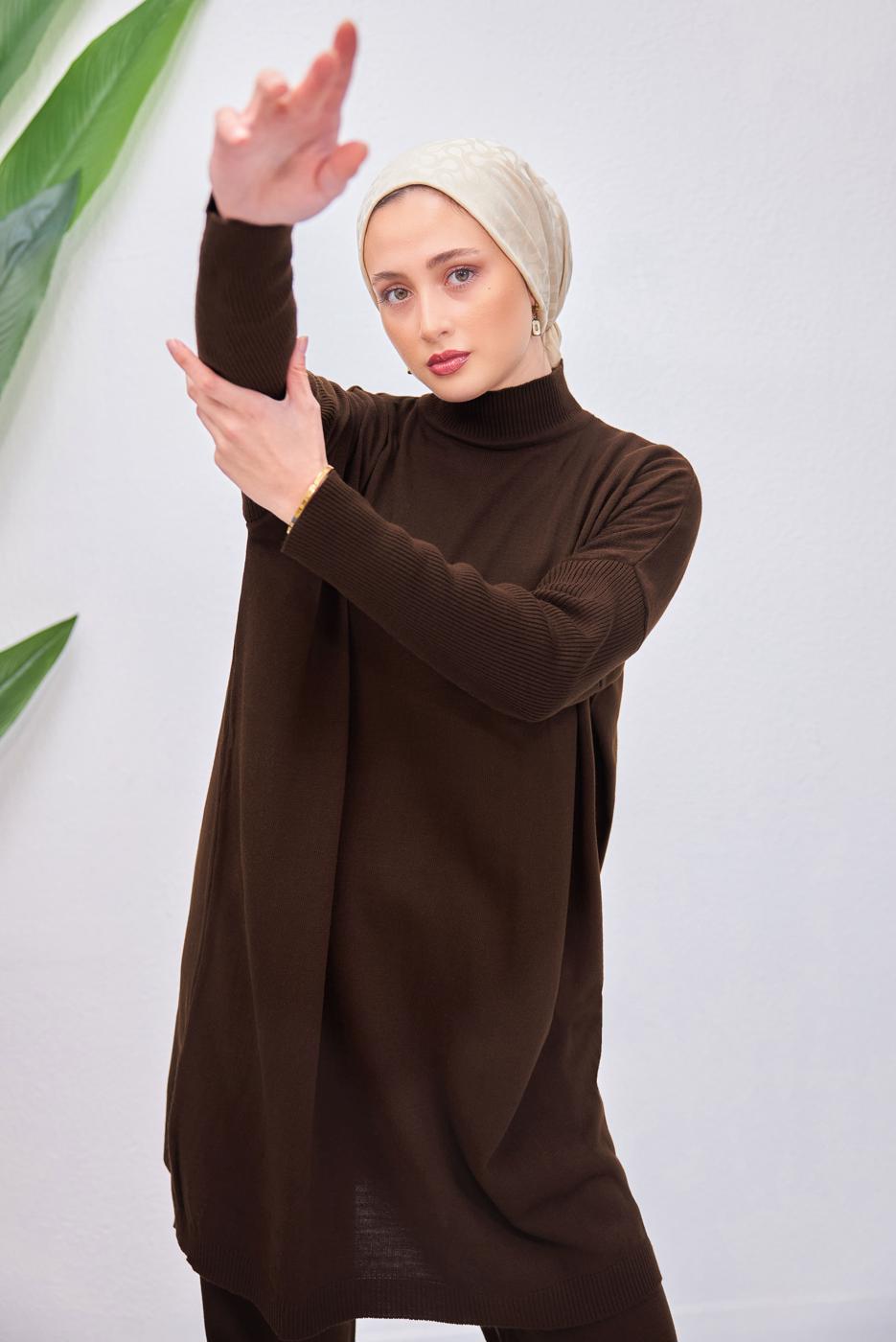 Tesettür giyim KAHVE PANTOLONLU TAKIM T 6508