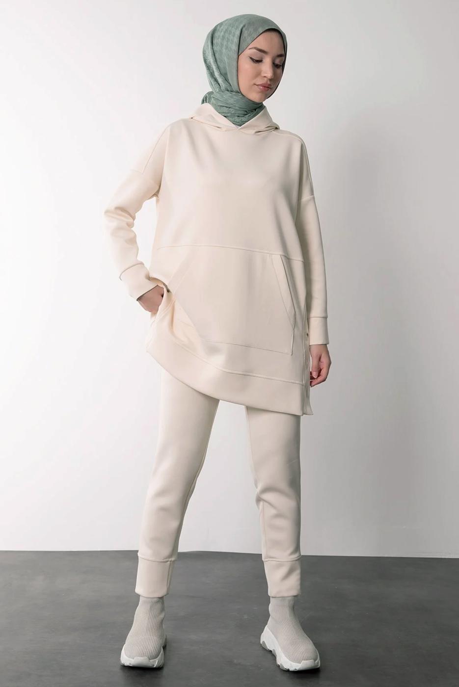 Hijab clothing BEIGE HOODED PANTS SUIT T 6605