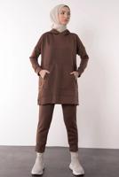 Tesettür giyim KAHVE KAPÜŞONLU SCUBA PANTOLONLU TAKIM T 6605