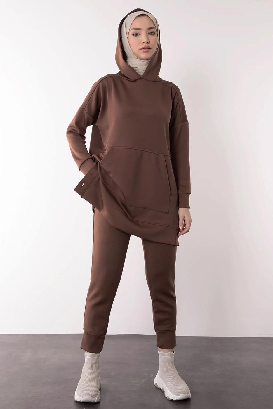 Tesettür giyim KAHVE KAPÜŞONLU SCUBA PANTOLONLU TAKIM T 6605