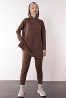 Tesettür giyim KAHVE KAPÜŞONLU SCUBA PANTOLONLU TAKIM T 6605