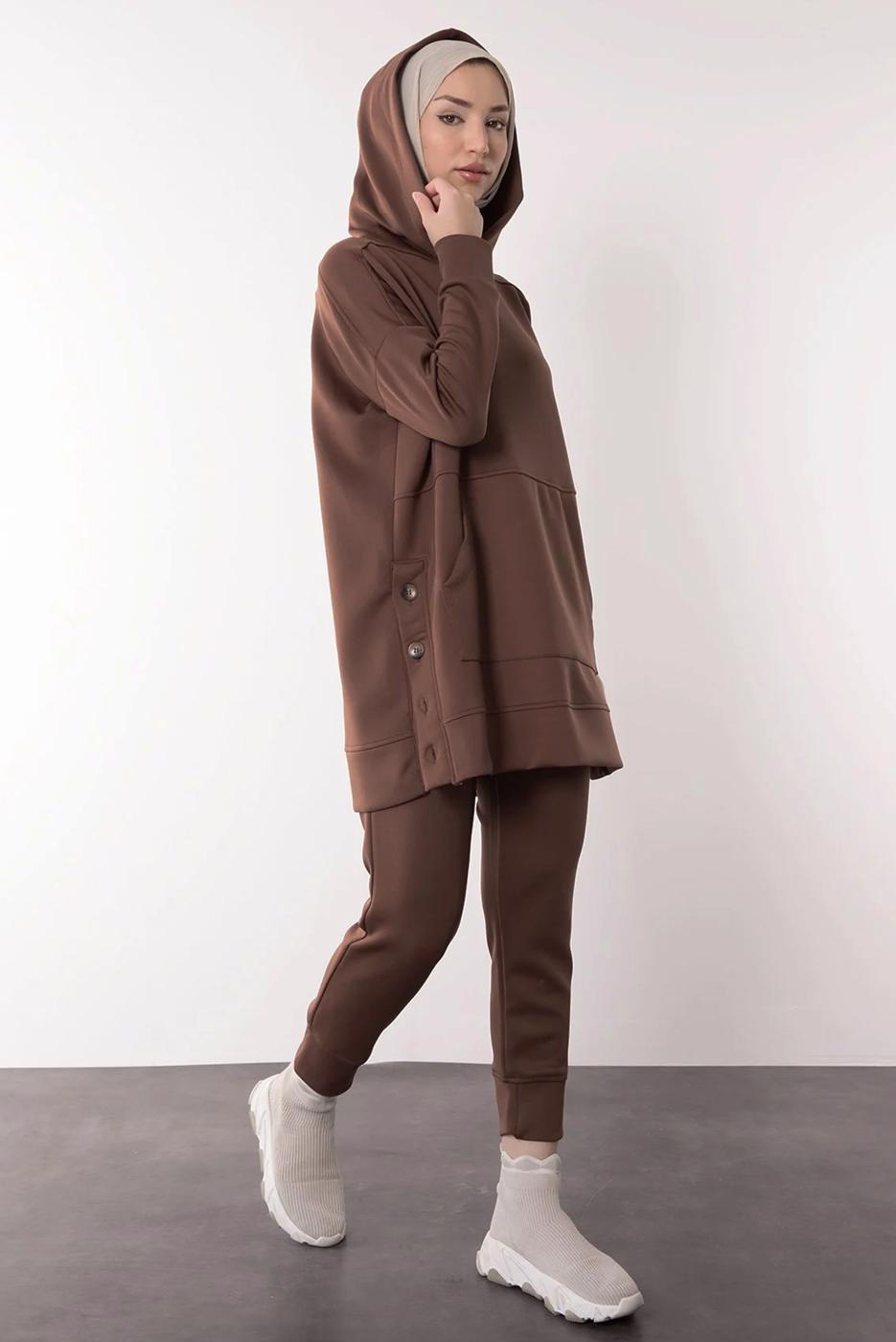 Tesettür giyim KAHVE KAPÜŞONLU SCUBA PANTOLONLU TAKIM T 6605