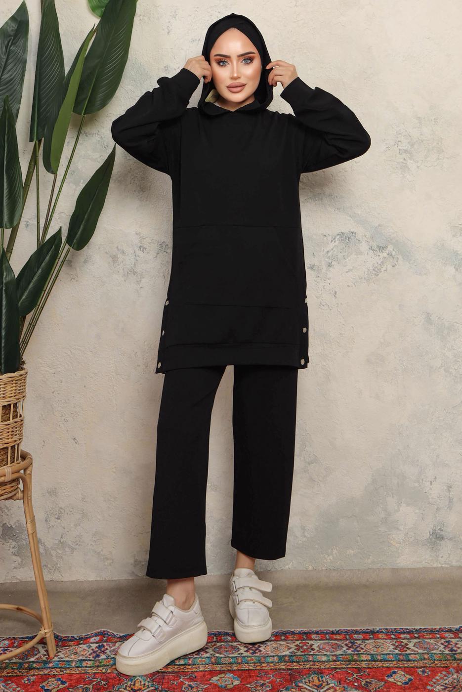 Tesettür giyim SİYAH KAPÜŞONLU ÇITÇIT DETAYLI PANTOLONLU TAKIM T 6643