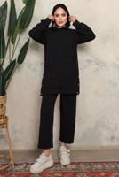 Tesettür giyim SİYAH KAPÜŞONLU ÇITÇIT DETAYLI PANTOLONLU TAKIM T 6643