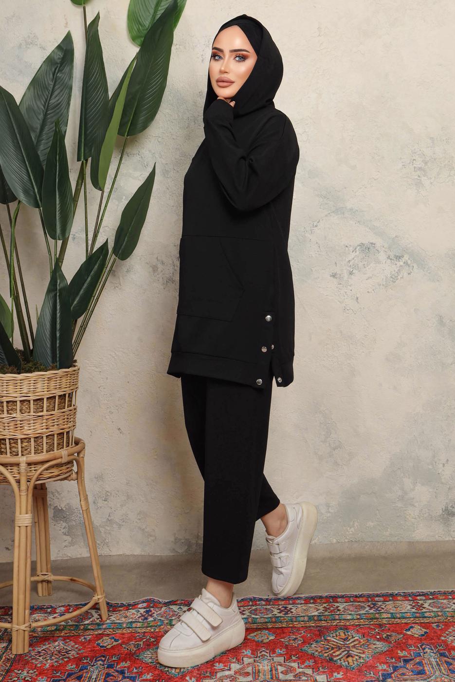Tesettür giyim SİYAH KAPÜŞONLU ÇITÇIT DETAYLI PANTOLONLU TAKIM T 6643
