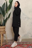 Tesettür giyim SİYAH KAPÜŞONLU ÇITÇIT DETAYLI PANTOLONLU TAKIM T 6643