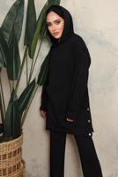 Tesettür giyim SİYAH KAPÜŞONLU ÇITÇIT DETAYLI PANTOLONLU TAKIM T 6643