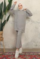Tesettür giyim GRİ KAPÜŞONLU ÇITÇIT DETAYLI PANTOLONLU TAKIM T 6643
