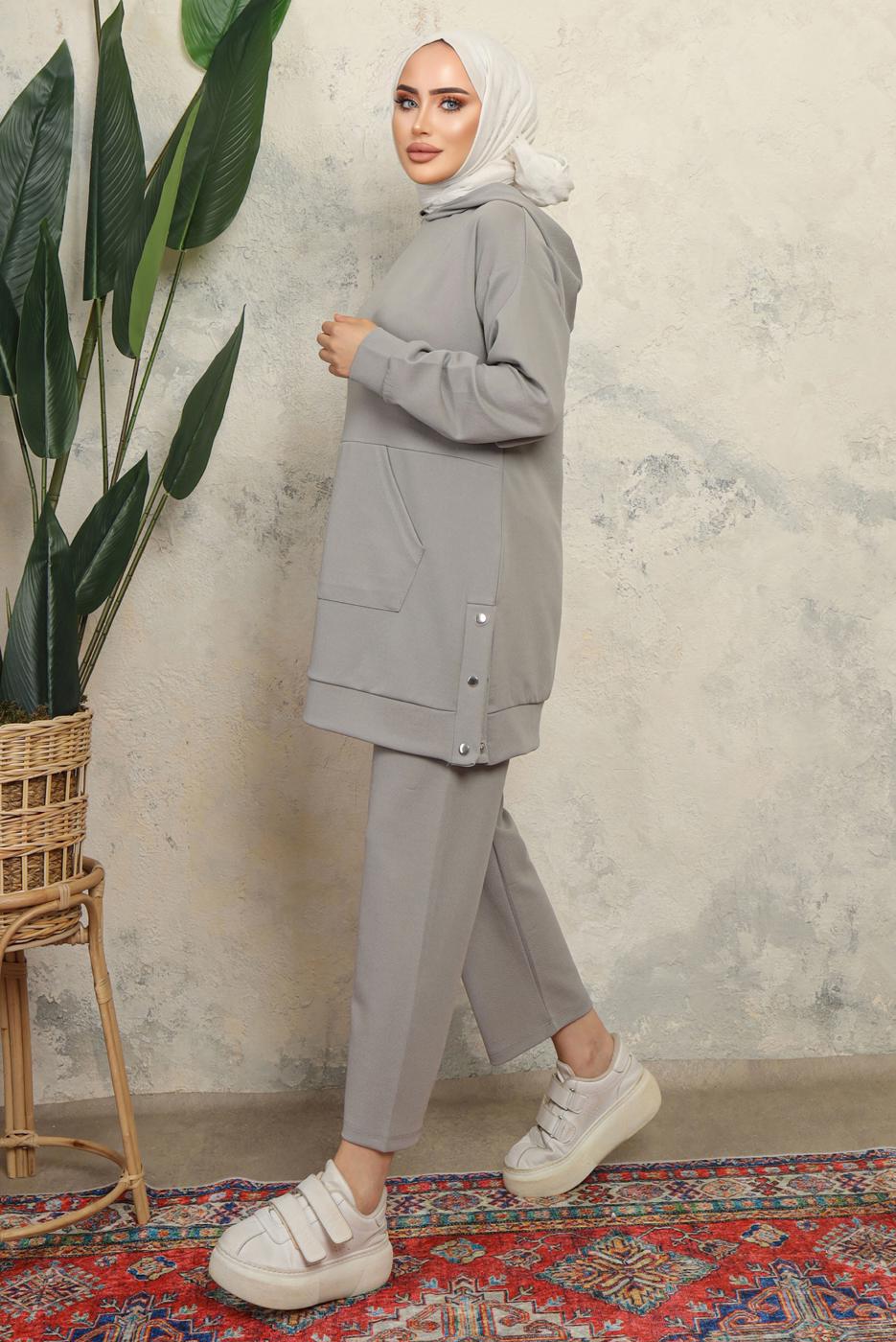 Tesettür giyim GRİ KAPÜŞONLU ÇITÇIT DETAYLI PANTOLONLU TAKIM T 6643