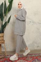 Tesettür giyim GRİ KAPÜŞONLU ÇITÇIT DETAYLI PANTOLONLU TAKIM T 6643