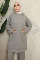 Tesettür giyim GRİ KAPÜŞONLU ÇITÇIT DETAYLI PANTOLONLU TAKIM T 6643