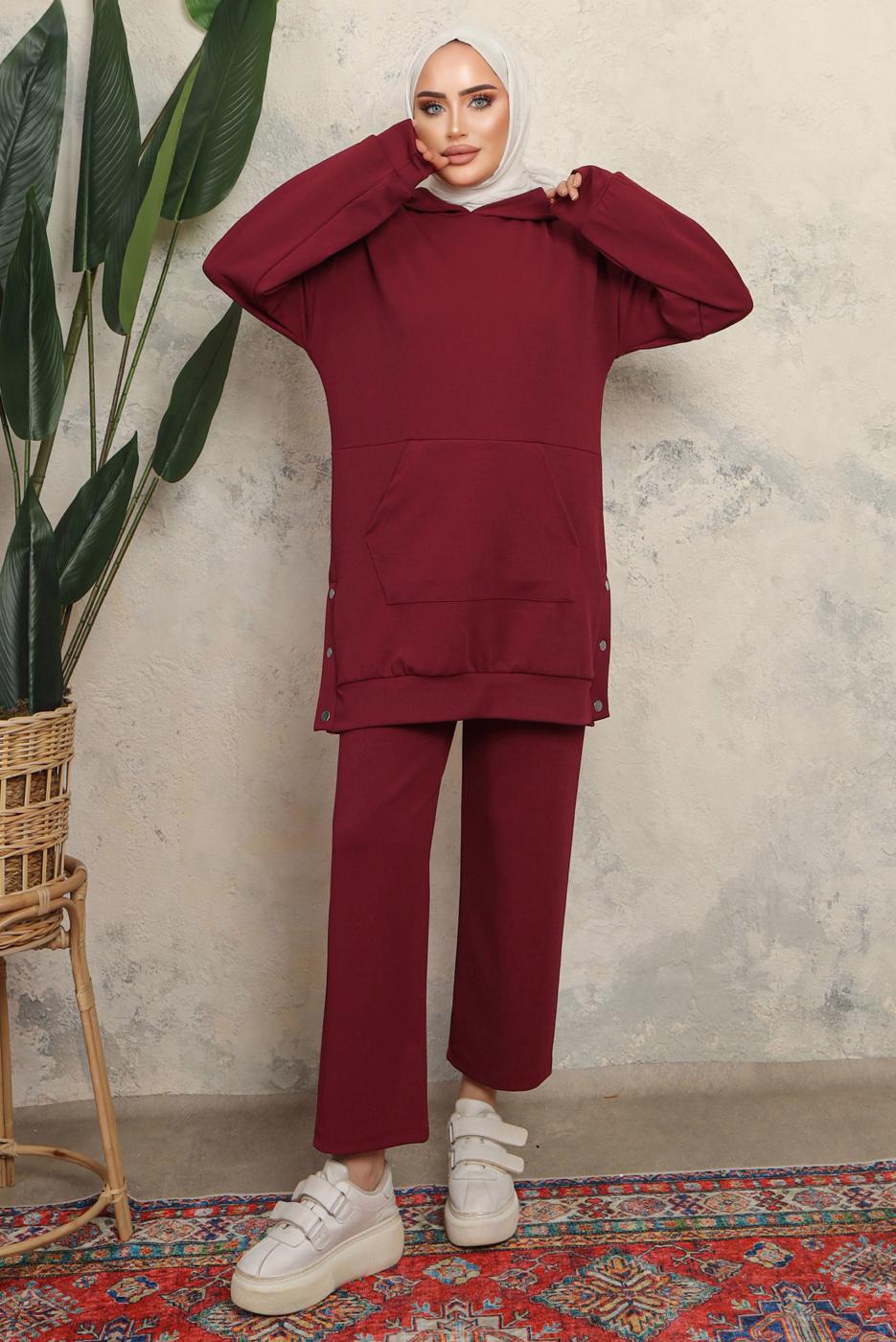 Tesettür giyim BORDO KAPÜŞONLU ÇITÇIT DETAYLI PANTOLONLU TAKIM T 6643