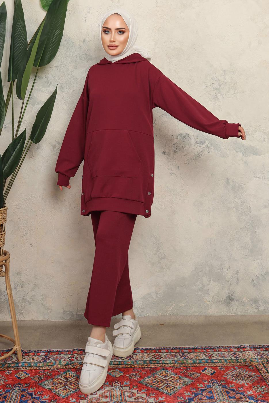 Tesettür giyim BORDO KAPÜŞONLU ÇITÇIT DETAYLI PANTOLONLU TAKIM T 6643