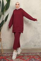 Tesettür giyim BORDO KAPÜŞONLU ÇITÇIT DETAYLI PANTOLONLU TAKIM T 6643