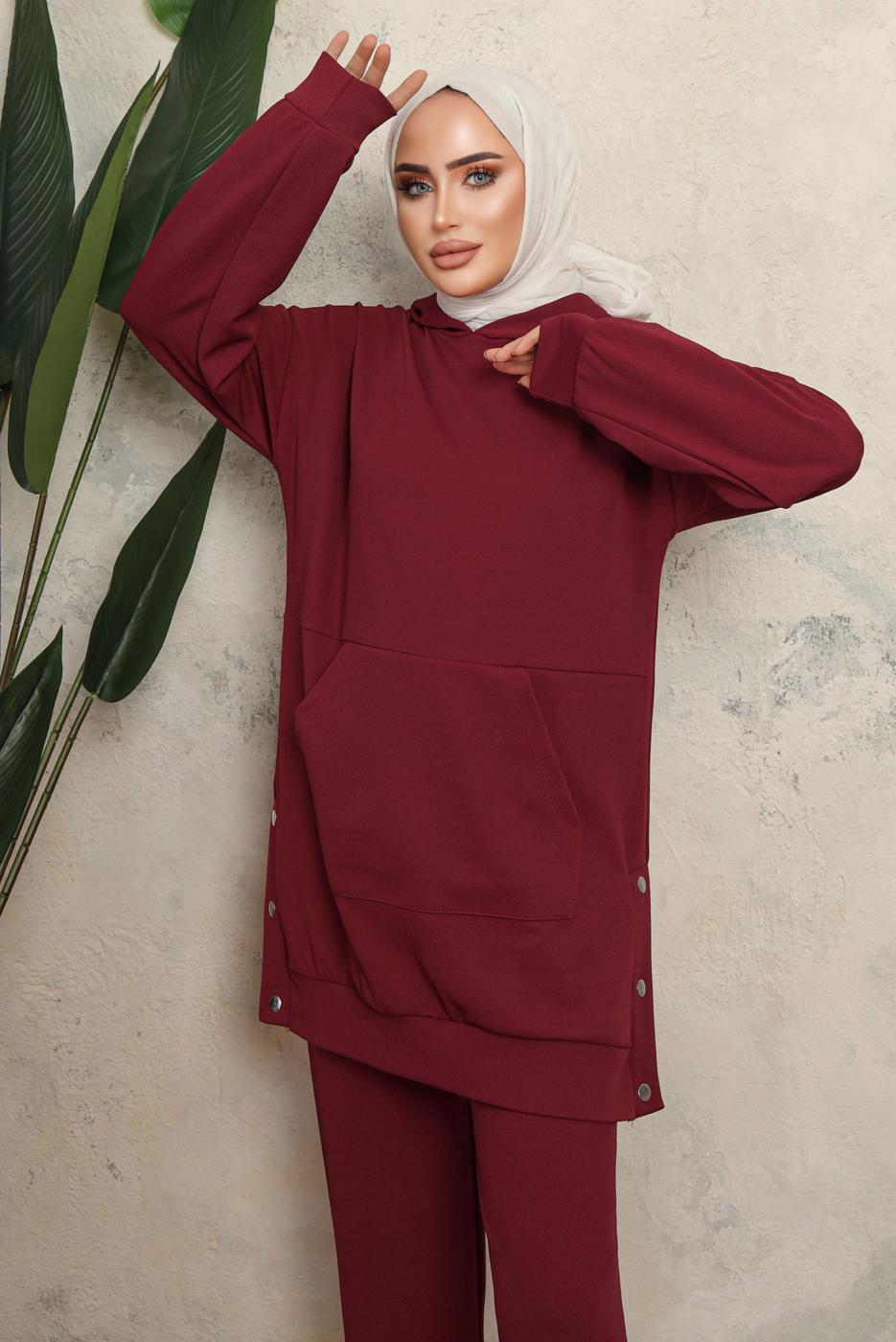 Tesettür giyim BORDO KAPÜŞONLU ÇITÇIT DETAYLI PANTOLONLU TAKIM T 6643