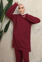 Tesettür giyim BORDO KAPÜŞONLU ÇITÇIT DETAYLI PANTOLONLU TAKIM T 6643