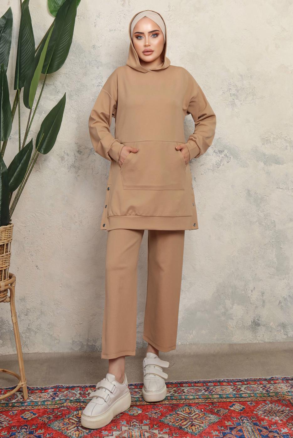 Tesettür giyim KAHVE KAPÜŞONLU ÇITÇIT DETAYLI PANTOLONLU TAKIM T 6643