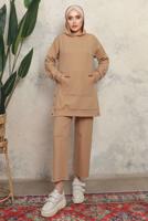 Tesettür giyim KAHVE KAPÜŞONLU ÇITÇIT DETAYLI PANTOLONLU TAKIM T 6643