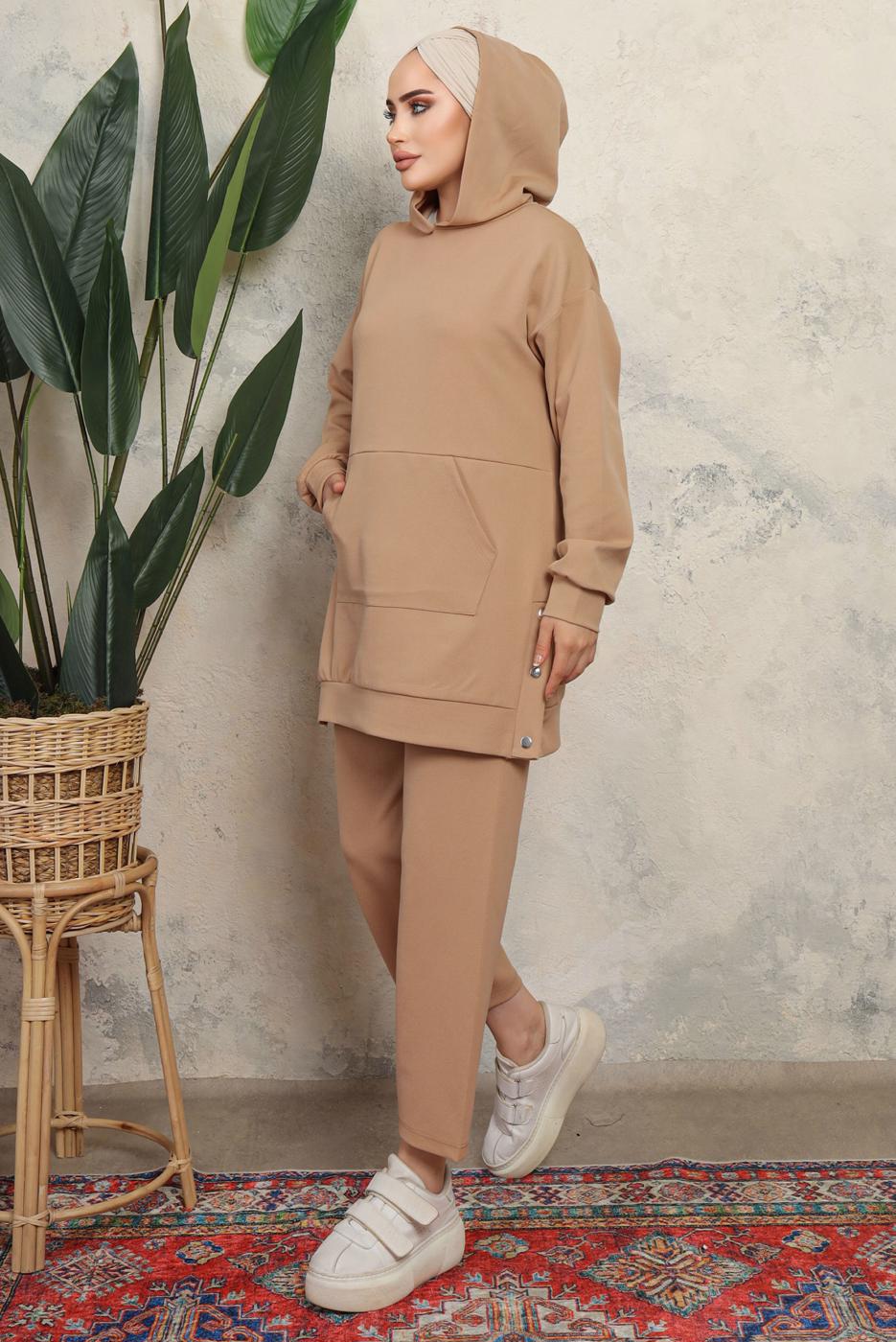 Tesettür giyim KAHVE KAPÜŞONLU ÇITÇIT DETAYLI PANTOLONLU TAKIM T 6643