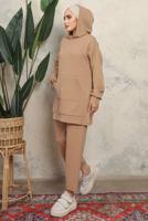 Tesettür giyim KAHVE KAPÜŞONLU ÇITÇIT DETAYLI PANTOLONLU TAKIM T 6643