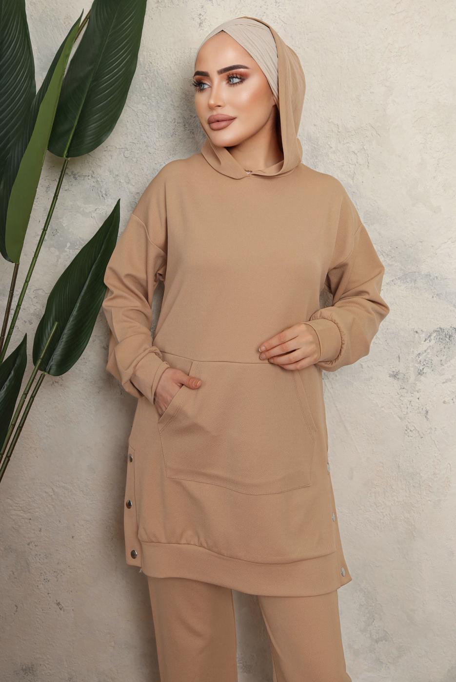 Tesettür giyim KAHVE KAPÜŞONLU ÇITÇIT DETAYLI PANTOLONLU TAKIM T 6643