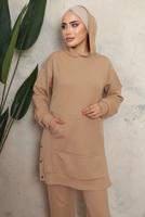 Tesettür giyim KAHVE KAPÜŞONLU ÇITÇIT DETAYLI PANTOLONLU TAKIM T 6643