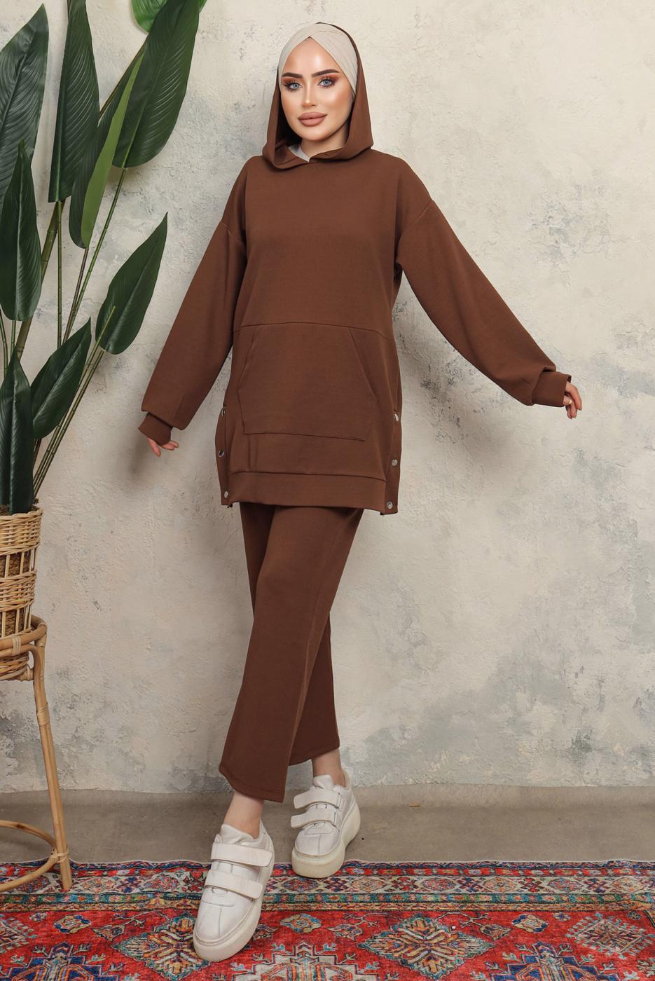 Tesettür giyim KAHVE KAPÜŞONLU ÇITÇIT DETAYLI PANTOLONLU TAKIM T 6643