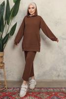 Tesettür giyim KAHVE KAPÜŞONLU ÇITÇIT DETAYLI PANTOLONLU TAKIM T 6643