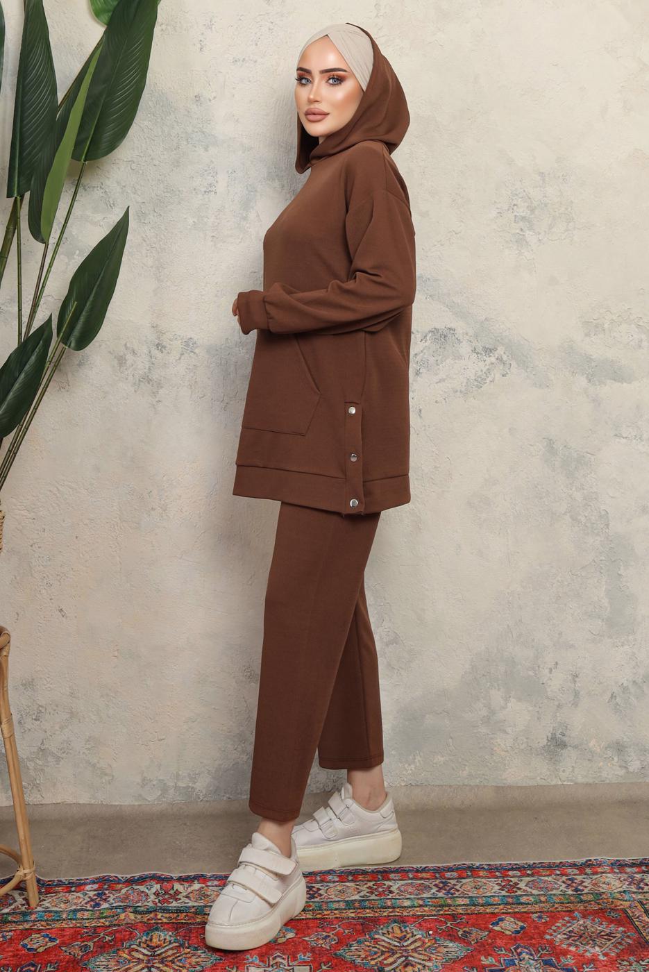 Tesettür giyim KAHVE KAPÜŞONLU ÇITÇIT DETAYLI PANTOLONLU TAKIM T 6643
