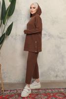 Tesettür giyim KAHVE KAPÜŞONLU ÇITÇIT DETAYLI PANTOLONLU TAKIM T 6643