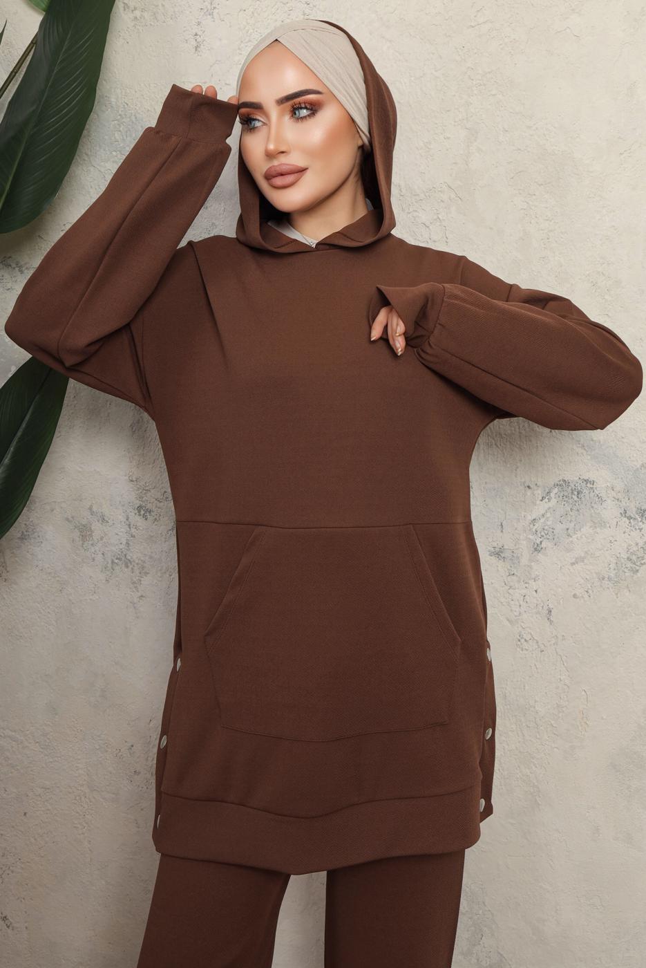 Tesettür giyim KAHVE KAPÜŞONLU ÇITÇIT DETAYLI PANTOLONLU TAKIM T 6643
